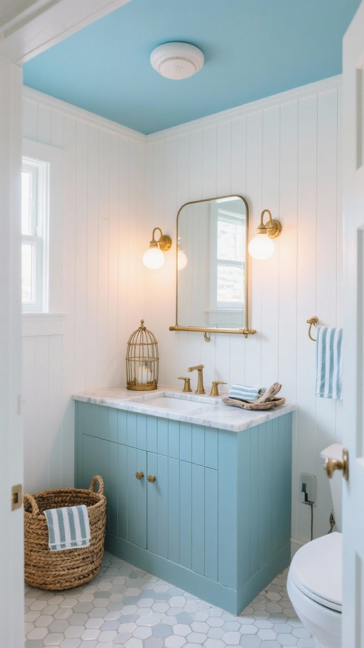 Photorealistic wide shot from a corner angle of a nautical-coastal small bathroom with white vertical shiplap walls, a powder-blue beadboard-front vanity with a honed marble top, a brass caged two-light vanity bar over a rectangular mirror with rounded corners, and a small painted-blue ceiling flush mount; mosaic hex floor in pearl white and pale gray; accents include a woven basket, striped hand towels, and a driftwood tray; bulbs at 2700K for sunset warmth; airy, beachy, polished cottage vibe.