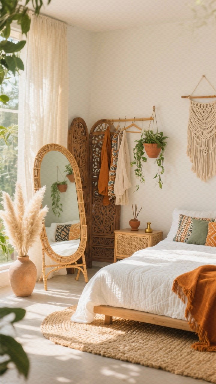 Photorealistic wide shot from a sunlit corner, boho sanctuary: curved rattan-framed stand up mirror resting on a woven seagrass mat, catching rays through sheer cream curtains; low layered bed with white quilt, ochre throw, and mixed patterned cushions; pampas grass fanning from a tall vase, hanging planters cascading over a cane nightstand; carved wooden screen partially concealing a clothing rack; accents of macramé wall hanging, terra-cotta planters, brass incense holder; palette of cream, ochre, sage, honey rattan; bright natural light, airy and plant-filled.