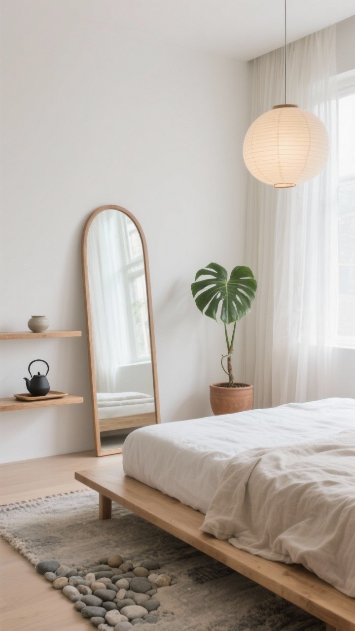 Photorealistic wide shot, Japandi calm bedroom: warm white walls, low natural oak platform bed with linen bedding in soft stone and sand, tall arched stand up mirror with slim matte oak frame casually leaning against the wall; gauzy sheer curtains filtering morning light, mirror reflecting the softened light and a single rubber plant in a clay pot; pebble-hued wool rug underfoot, paper lantern pendant casting a soft glow; palette of warm whites, oat, light wood, soft gray; include a floating night shelf with a ceramic tray and a black tea kettle carafe used as a vase; serene, minimalist styling, no people.