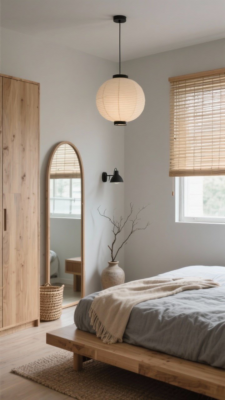 Photorealistic wide shot, Japandi calm small bedroom: low oak platform bed dressed in stone-gray linen with a single sand-colored throw, soft greige walls, tall arched floor mirror with minimal wood frame tucked beside the wardrobe reflecting the bed and window to bounce daylight, paper lantern pendant overhead and a slim black sconce, bamboo blinds filtering light, woven basket on the floor, single branch in a ceramic vase; rounded-top mirror softens straight lines; serene, uncluttered composition from a corner angle.