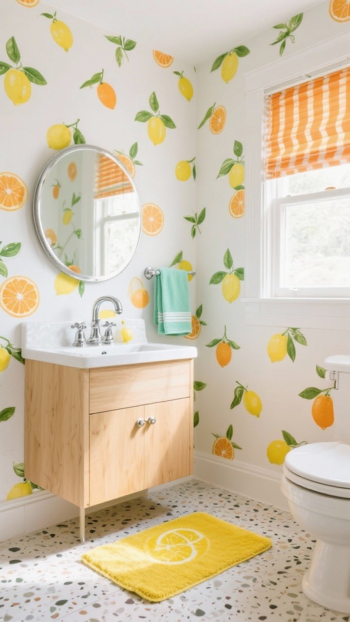 Photorealistic wide shot of a bright retro small bathroom with white-ground citrus wallpaper covered in lemons and oranges with fresh green leaves. Light maple vanity, terrazzo-look floor tile, polished chrome faucet and hardware, round chrome mirror above. Pops of color: lemon-yellow bath mat, mint hand towels, and an orange-striped window shade. Crisp morning light, cheerful and sunny, straight-on view.