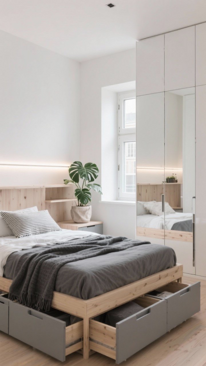 Photorealistic wide shot, Scandi studio smart: compact bedroom with warm white walls, birch wood elements, and touches of graphite; bed with under-bed drawers and a headboard that doubles as a shallow shelf; full-height mirrored wardrobe with barely-there frames spanning one wall, reflecting a compact window to visually double the room; linear LED under the headboard shelf casting a soft glow; accents include a monstera in a linen planter, graphite throw, and a striped pillow; clean, crisp daylight with a slightly elevated angle to show storage efficiency and reflections.