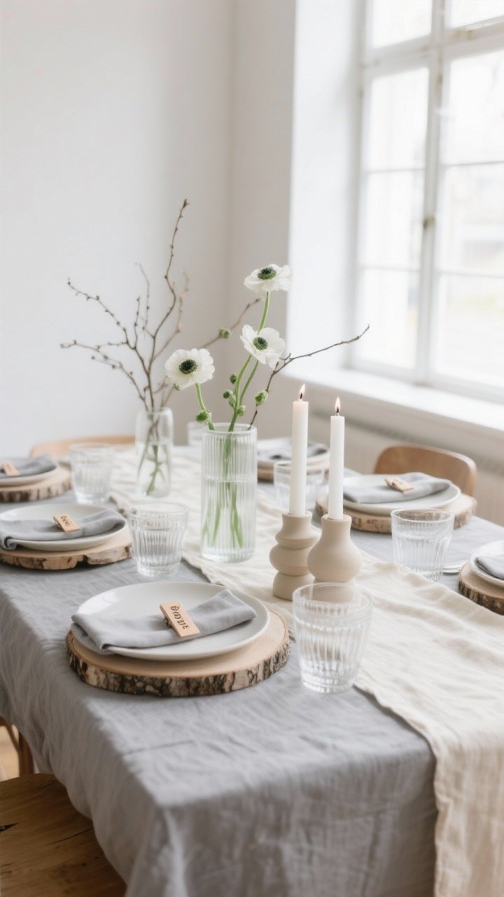 Photorealistic wide shot, Scandinavian soft neutrals dining table by a bright window: stone-gray linen tablecloth with a cream cotton runner placed slightly off-center for relaxed styling; matte ivory plates on pale birch chargers; pale gray napkins clipped with small wooden clothespins stamped with guest names; minimal centerpiece of clear cylinder vases holding foraged branches and a few white anemones in a linear arrangement; white taper candles in sand-colored ceramic holders at low heights; simple, stackable glassware; restrained tones of soft gray, cream, pale wood, and a hint of green; abundant natural light, calm, airy atmosphere, straight-on composition.