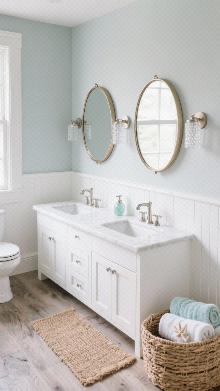 Photorealistic wide, slightly elevated shot of a coastal small bathroom: compact double vanity in white Shaker with “Frost” white quartz top, two 24-inch round porthole-style mirrors in brushed champagne finish above each sink; walls painted soft sea-salt gray with white beadboard wainscoting; polished nickel faucets; clear cylinder sconces with seeded glass flanking the mirrors; driftwood-tone plank porcelain flooring; jute runner; woven basket holding rolled towels; sea glass soap pump adding a translucent beachy accent; bright, airy lighting.