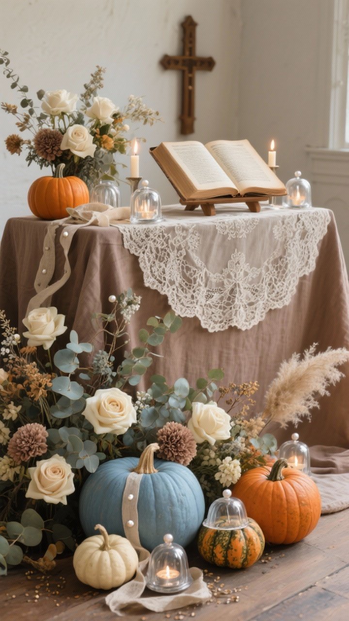 Photorealistic wide-to-medium shot of a Pumpkin Parish altar with storybook harvest romance: antique lace draped over a warm taupe base cloth so the lace pattern subtly peeks through. A gentle crescent of heirloom pumpkins—blues, creams, and soft oranges—curves across the front. Nestled among them are seeded eucalyptus, dusty miller, and white spray roses, with mercury glass votives adding delicate sparkle. A vintage Bible lies open on a small wooden stand to a harvest passage. Additional florals: cream roses, taupe carnations, dried lunaria, and small pampas tufts. Accents: linen ribbons, pearl-headed pins, small cloches covering mini gourds. Color story: soft pumpkin, pale blue, cream, silver, sage. Warm, tender candlelight; slight diagonal angle for depth; no people.