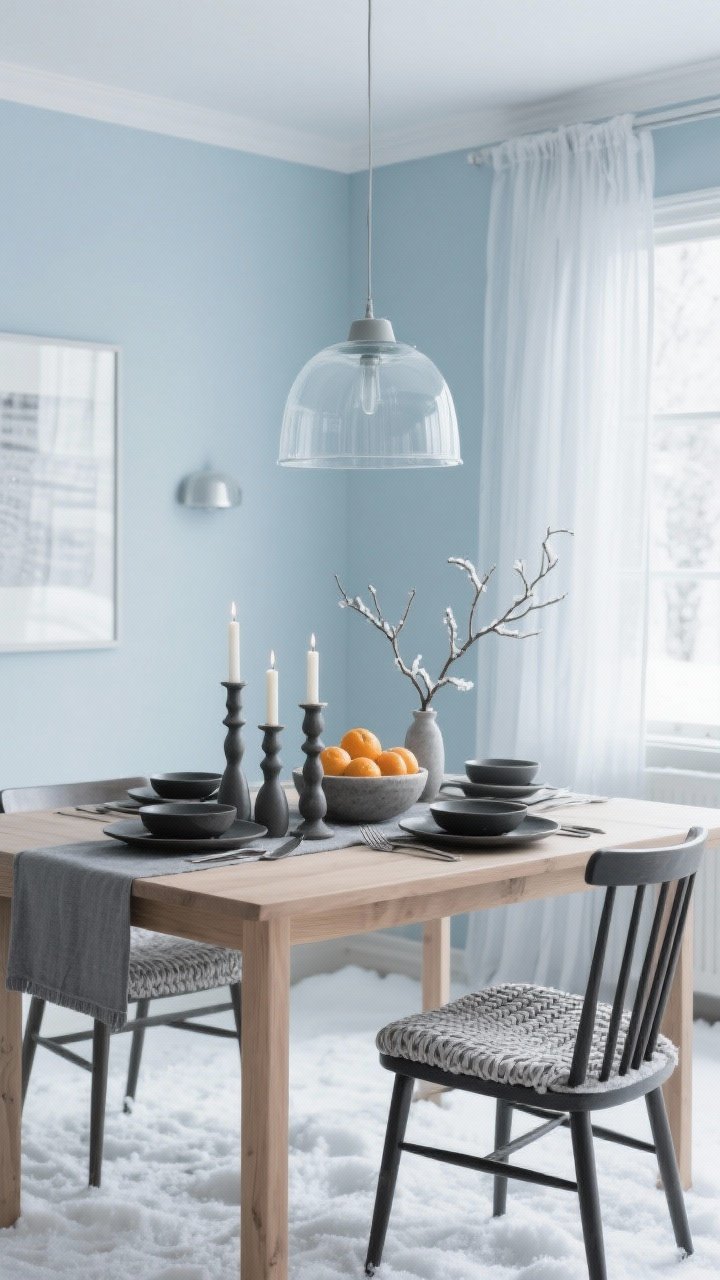 Straight-on dining scene, snow-lit serenity: pale icy blue walls with pewter accents, streamlined ash wood dining table and spindle-back chairs, frosted glass pendant above; sheer linen curtains filtering cool daylight, graphite runner under the table, woven seat cushions in silver-gray; table styled with matte black cutlery, stoneware dinner set, a cluster of ceramic candlesticks, a low bowl filled with winter citrus, and a simple branch centerpiece; calm Scandinavian palette, photorealistic.