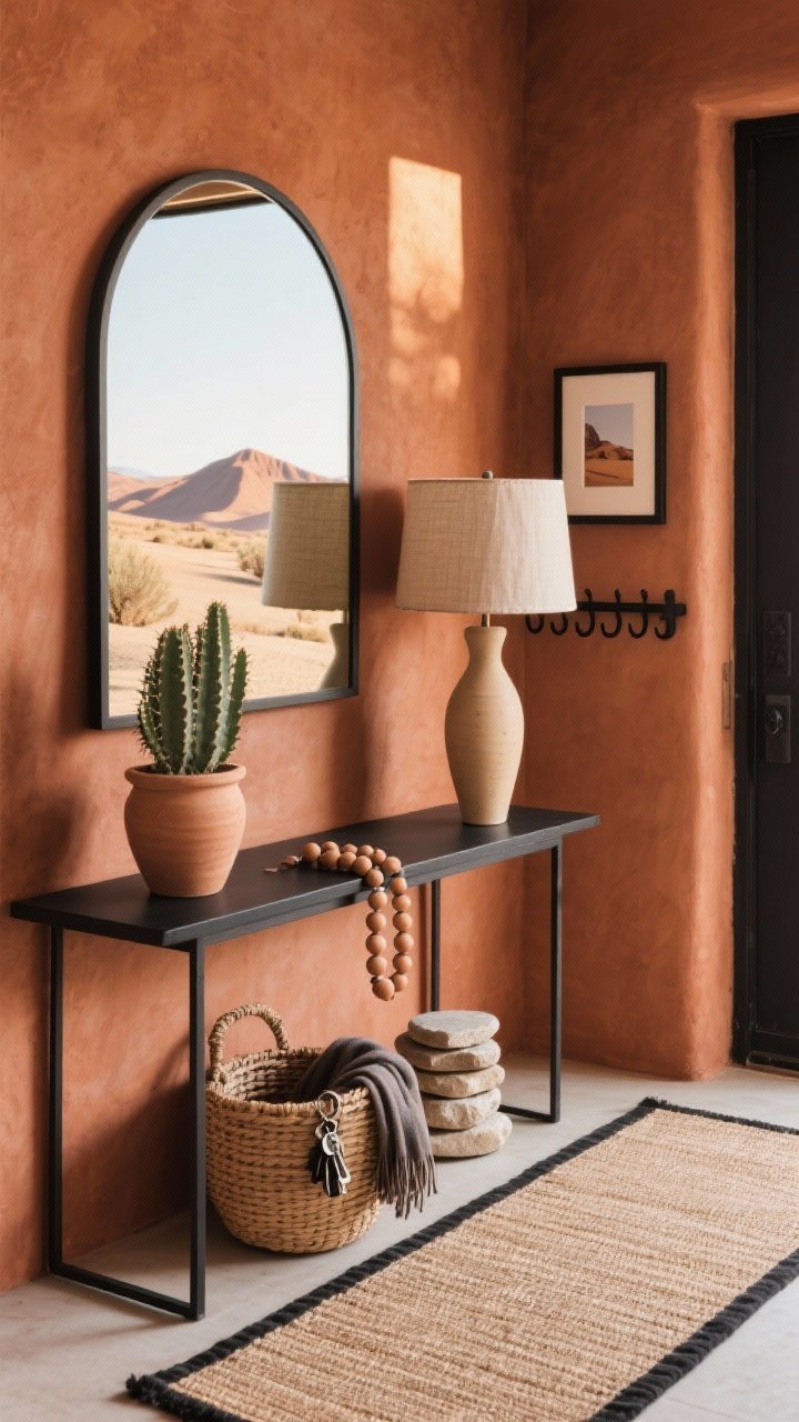 Straight-on medium shot, Desert Modern Entryway: terracotta walls and a slim black console; Holiday Cactus in a sand-colored clay pot next to a tall ceramic lamp with a linen drum shade, both on the console; simple arched mirror above reflecting light; woven basket under the console for scarves and keys; clay bead garland draped casually and a stack of stone coasters that read as sculpture; flat jute runner with black border on the floor; framed desert photography in a thin black frame; minimal black iron hook rail; warm, graphic, grounded look with late-afternoon natural light.