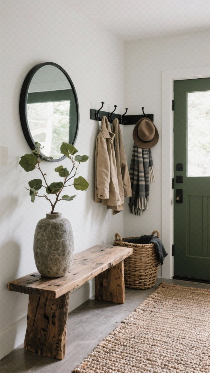Straight-on medium shot of an entryway with a reclaimed wood narrow bench, thick woven runner, large round mirror reflecting light, black iron hooks with a few neutral coats, tall lidded basket for scarves and hats, a leafy branch in a heavy stone vase on the bench; natural wood, charcoal, olive green palette; inviting, nature-forward texture.