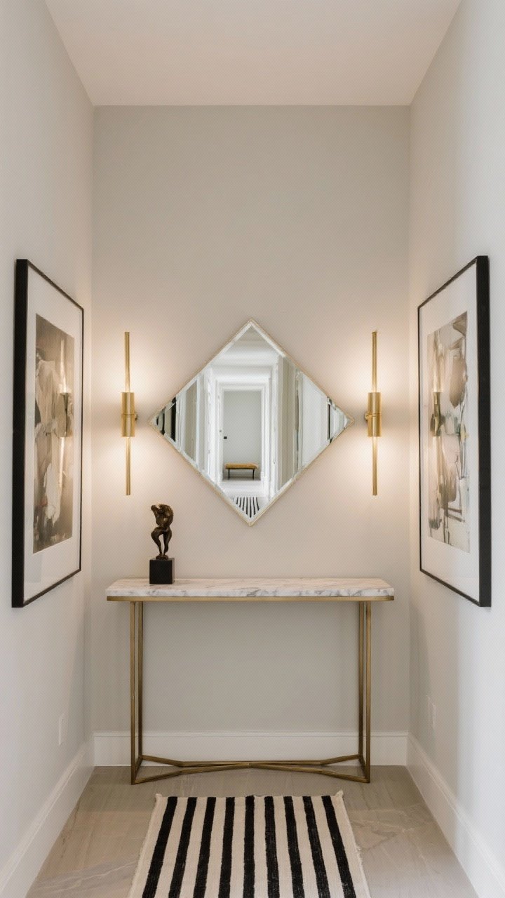 Straight-on medium-wide shot of an art-forward hallway gallery: soft greige walls with a beveled square mirror centered between two oversized art prints. A slim metal-base console with a marble top sits below, styled with a small sculpture on a plinth. Symmetrical linear sconces frame the mirror; a high-contrast striped runner elongates the corridor toward a narrow bench at the end. Palette: greige, black, cream, brass accents. Bright, balanced lighting that the mirror bounces down the hall, polished and curated, photorealistic.