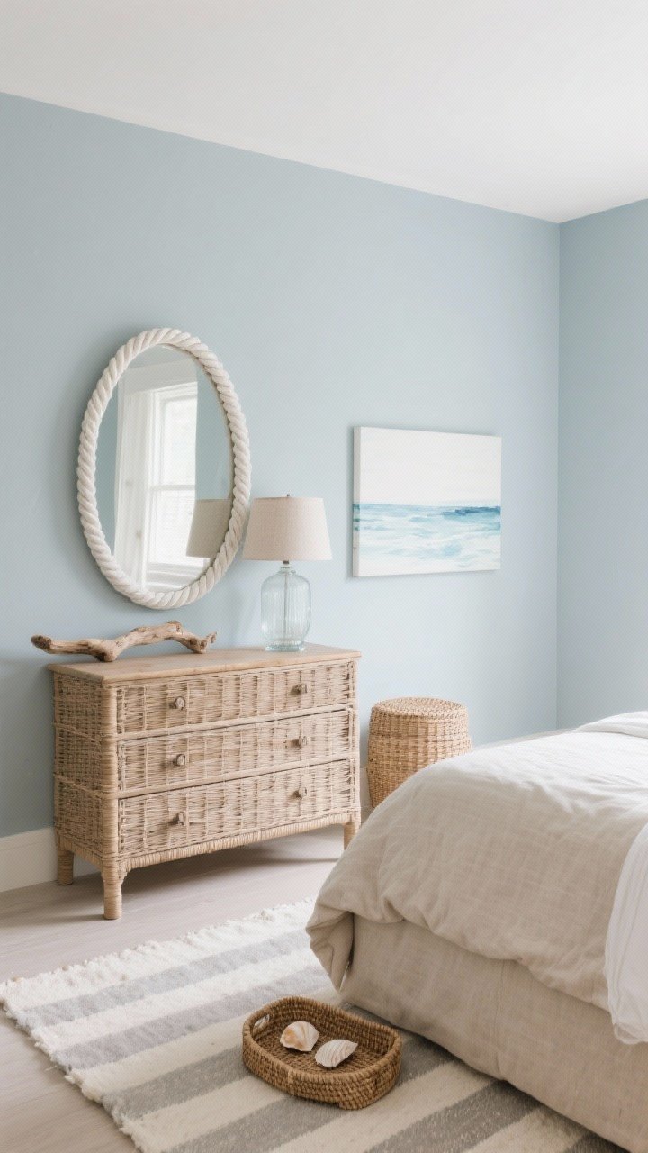 Wide coastal calm bedroom: pale blue-gray wall, sand-colored linen bedding on a linen-upholstered bed; wicker dresser with an oval mirror wrapped in white rope centered above it; driftwood accents and a glass lamp with linen shade atop the dresser; soft striped rug underfoot; minimal art—a single watercolor seascape; rattan stool nearby and a woven tray with shells; gentle seaside ambiance with soft natural light; palette blue-gray, sand, white, soft driftwood; relaxed, photorealistic, corner angle.