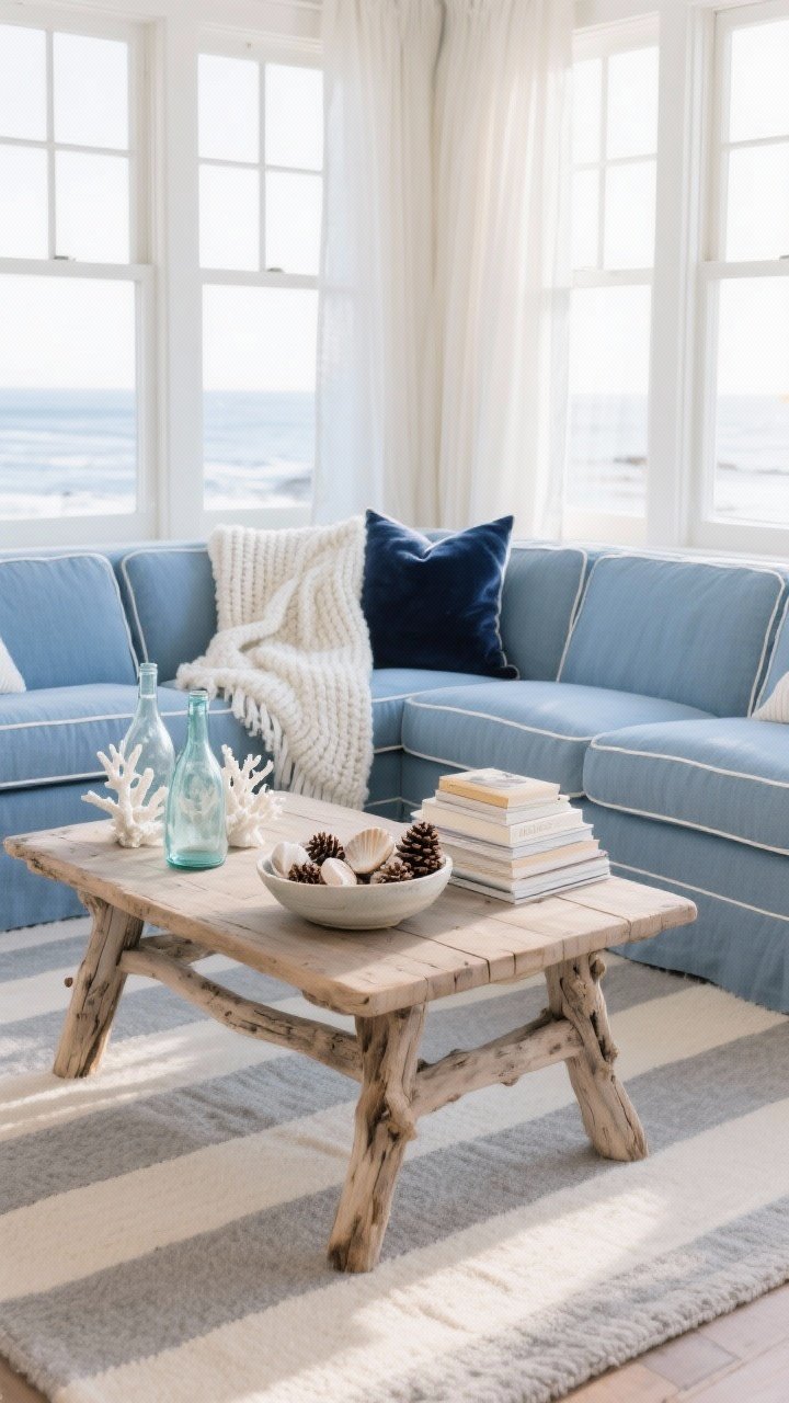Wide coastal winter living room, bright natural daylight: soft blue linen sofa with white piping; driftwood coffee table; striped rug in fog and sand; light window treatments maximizing winter daylight; built-ins styled with sea glass bottles, white coral, and stacks of pale novels; chunky knit throw in sea-salt white on the sofa; a few navy velvet pillows for depth; bowl of shells mixed with pinecones on the table; palette sea blue, sand, fog gray, navy; airy, calm mood.