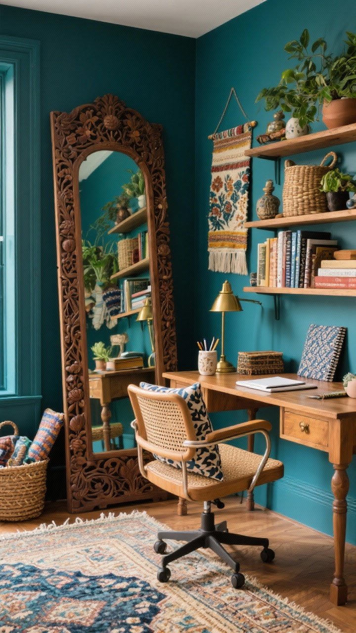 Wide corner shot, office: A tall carved wood floor mirror with intricate floral details leaning beside a vintage writing desk against deep inky teal walls; brass task lamp, ceramic pen cup, and pattern-punched notebooks on the desk; rattan swivel chair with a lumbar kilim pillow; layered Persian rug over sisal; open wood shelves with woven baskets and curios; textile wall hanging adding softness; abundant books, textiles, and plants reflected in the mirror for maximalist energy, photorealistic.