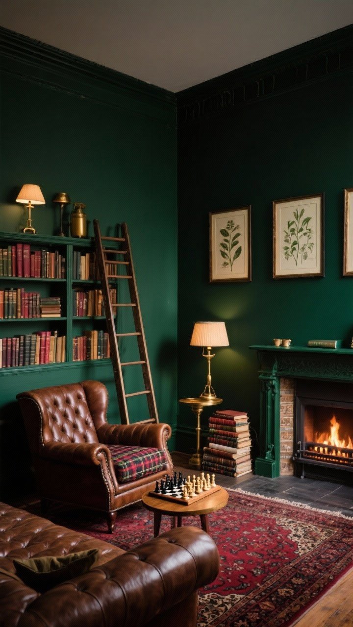 Wide, dark academia living room, corner angle: walls painted deep library green; tufted leather chesterfield sofa; wingback chair in plaid; Persian rug with burgundy threads grounding the floor; leaning ladder bookcase filled with volumes, moody table lamps, and brass picture lights; framed vintage botanical prints on the walls; small round side table with a chess set inviting play; crackling fireplace (electric or real) with stacked tomes on the hearth; palette deep green, oxblood, tobacco, brass; lamplit glow, no people.