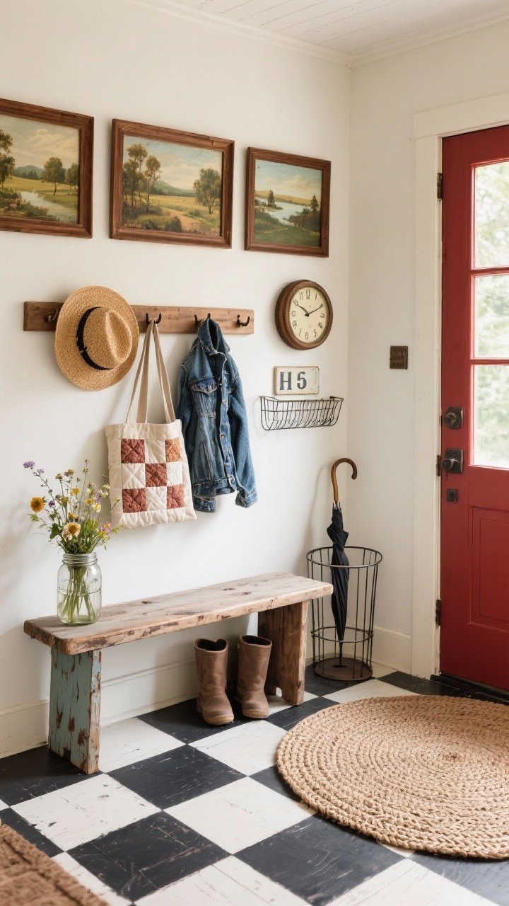 Wide entryway, photorealistic, inviting morning light: An Americana farmhouse entry with a muted black-and-cream checkerboard floor (painted wood squares). A sturdy Shaker peg rail holds straw hats, denim jackets, and a quilted tote. A bench with a distressed pine seat sits beneath a vintage schoolhouse clock. The wall features a gallery of antique landscape paintings in walnut frames. A braided oval rug and a metal umbrella stand add practical charm. Palette includes barn red accents, cream, inky black, and warm pine; details like a Mason jar vase with wildflowers, enamel house numbers, and a wire boot tray.