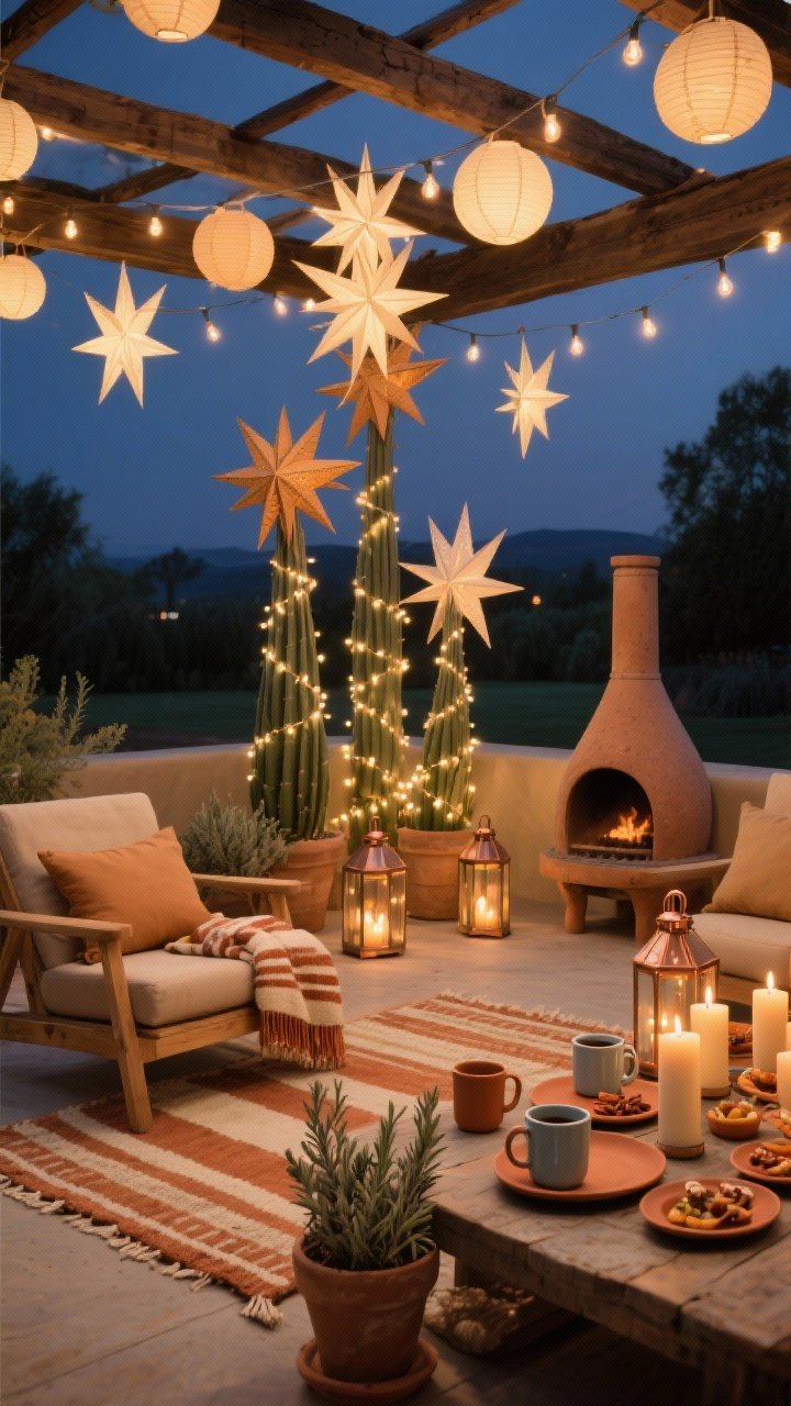 Wide evening patio scene under a pergola: string lights and a cluster of paper star lanterns glowing warmly; large flatweave outdoor rug in clay and cream stripes grounding the space; low teak lounge chairs with camel cushions and rust-and-sand striped throws; three varying-height agave sculptures wrapped in fairy lights acting as the “tree,” placed beside a clay chiminea; tabletop styled with terracotta tapas plates and enamel mugs for spicy cocoa; potted sage and rosemary with tiny copper clip lights; clustered pillar candles in hurricane lanterns echoing starlight; photorealistic, no people.