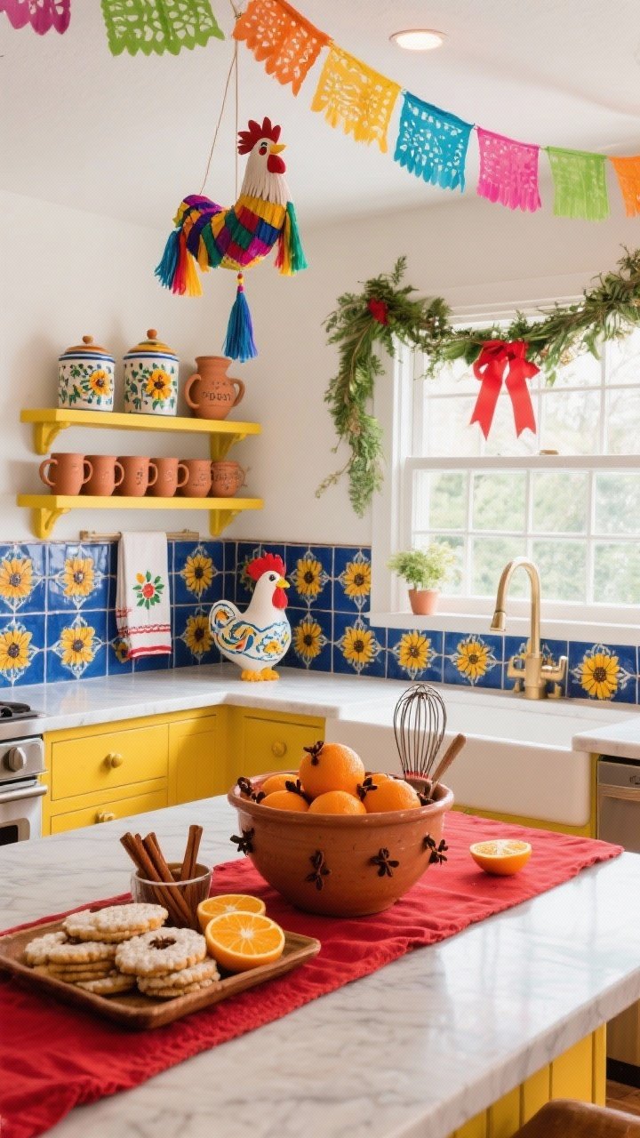 Wide kitchen scene, Posada Party vibe: Talavera tile backsplash in blue and sunflower yellow, open shelves filled with clay mugs and hand-painted canisters, embroidered tea towels. Bright red runner along the island. Hot chocolate bar setup: molinillo whisk, cinnamon sticks, tray of polvorones, cut citrus. Overhead hangs a small piñata and a string of colorful paper tassels. Centerpiece on island: big pottery bowl of oranges studded with whole cloves. Window with simple greenery swag and red ribbon tails; a cheeky ceramic rooster on the counter. Cheerful, inviting lighting, photorealistic.