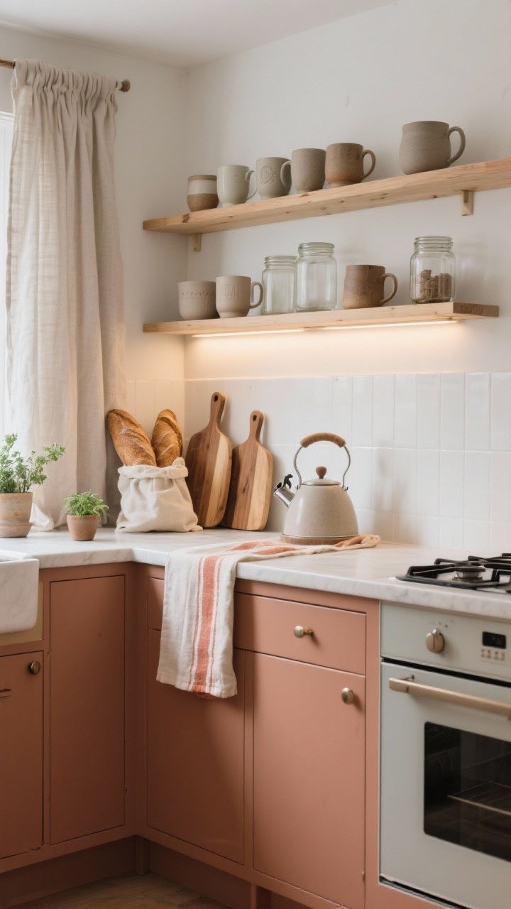 Wide kitchen view emphasizing hygge warmth: lower cabinets in warm clay/putty, open pale wood upper shelves displaying stoneware mugs and glass jars, linen café curtains, soft-glow under-shelf lighting, runner with faded terracotta stripes, cluster of wooden cutting boards propped against a white backsplash, kettle ready on the stove, bread in a linen bag, small potted herbs; colors of putty, clay, white, pale oak; photorealistic.
