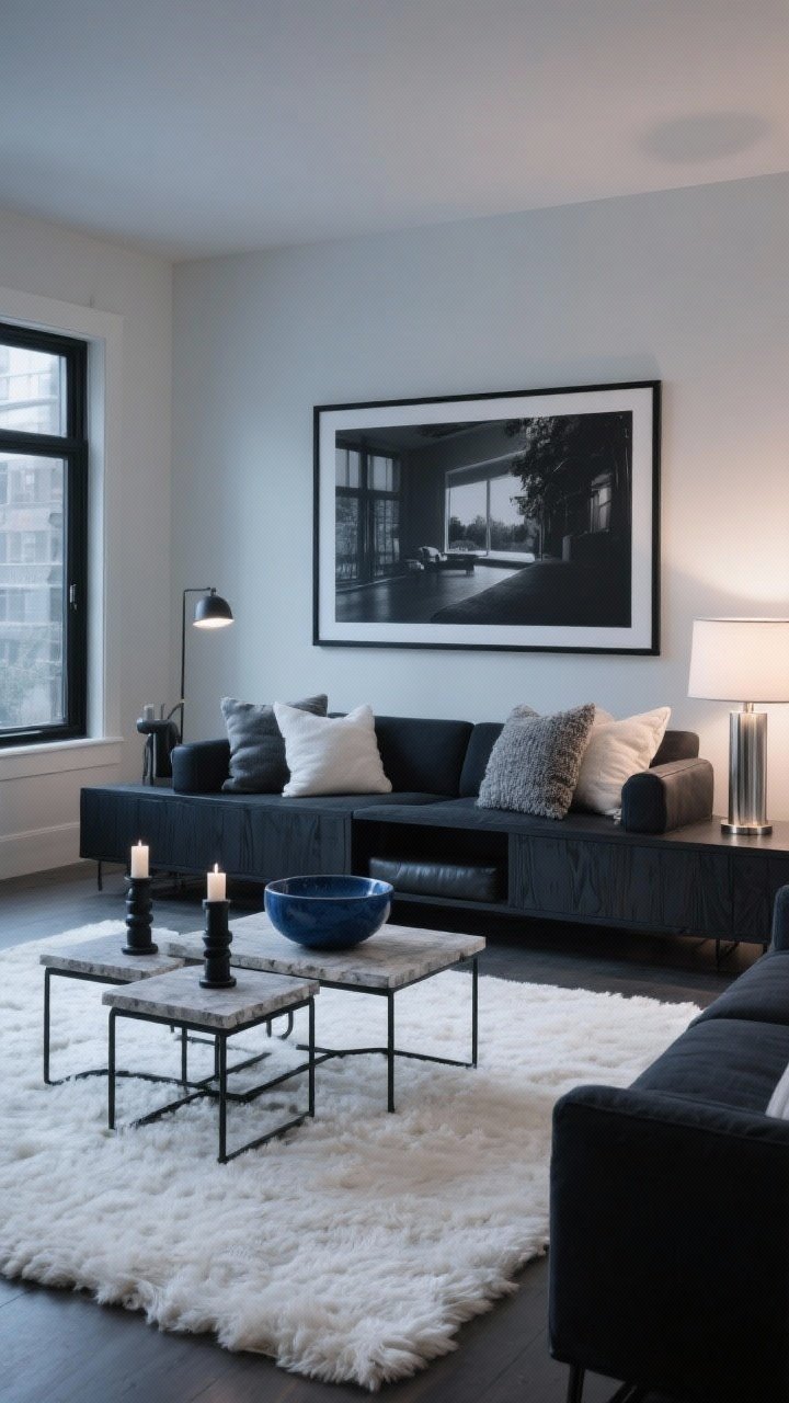 Wide living room view in modern monochrome: layered tones of charcoal, ink blue, and snow white; deep charcoal sectional with pillows mixing bouclé, linen, and leather; high-pile ivory rug, black metal nesting tables with stone tops, low media console in blackened wood; oversized black-and-white photography on the wall, matte black candleholders, navy ceramic bowl on the coffee table; brushed nickel lamp bases introducing a soft warm metallic glint; evening cozy lighting, photorealistic.