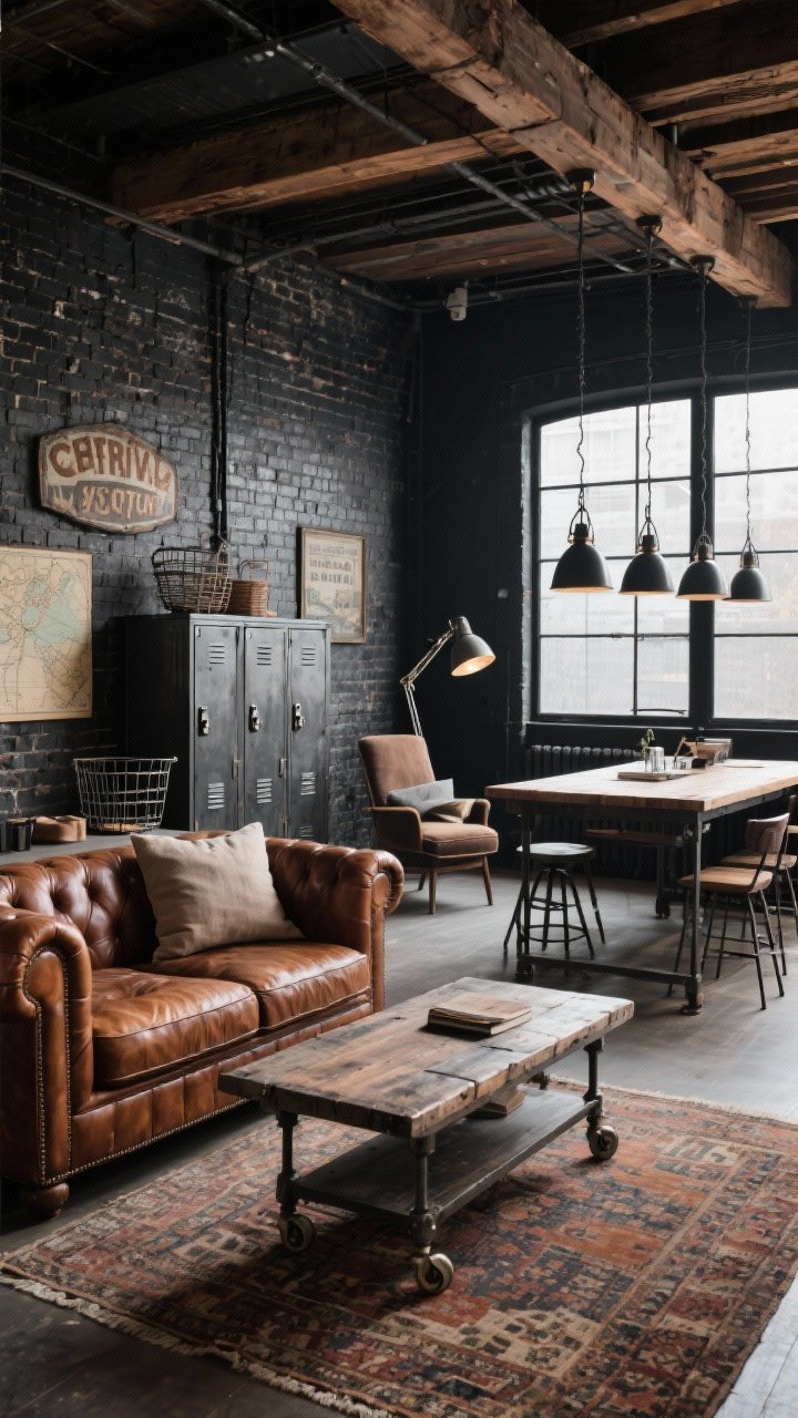 Wide loft shot, photorealistic, moody industrial daylight: A rustic industrial living-dining zone with exposed brick walls, black steel window frames, and reclaimed wood beams. A whiskey-brown leather chesterfield anchors the space with a chunky workbench coffee table on casters. Over a salvaged dining table, a row of factory pendants; a task swing-arm lamp by a reading chair. Metal lockers repurposed as storage and a vintage drafting stool. Palette of charcoal, cognac, iron, and weathered wood, softened by a faded kilim and oversized linen pillows; enamel signs, old maps, and wire baskets as accents.