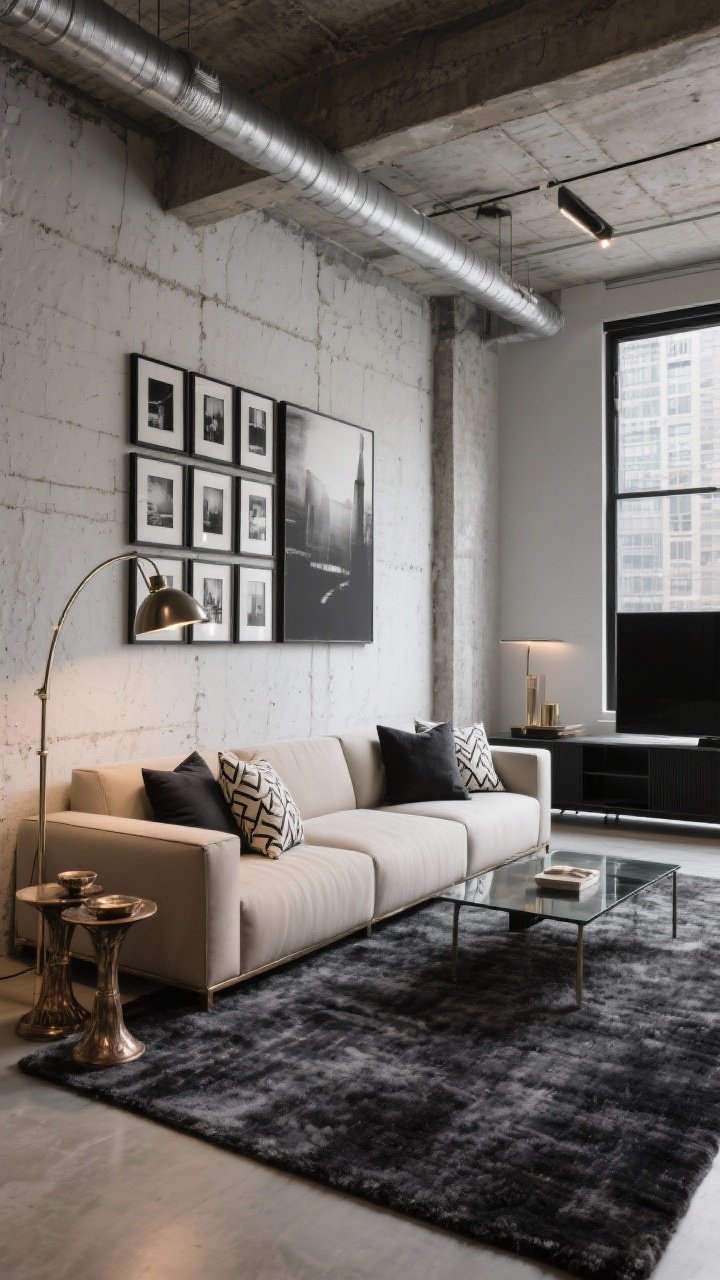 Wide loft shot, Urban Loft: greige modular sectional with sharp lines against a textured plaster/faux-concrete wall; charcoal wool rug grounding the space; mixed metals—brushed nickel arc floor lamp, antique-bronze side tables, smoked glass coffee table; charcoal and putty pillows with subtle geometric patterns; oversized monochrome canvas on the wall (or a grid of black-framed photography); low-profile matte-black media unit; crisp city mood with balanced ambient and task lighting, photorealistic, no people.