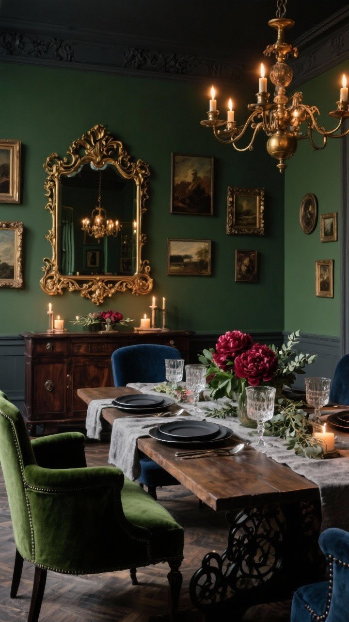 Wide, moody luxe old-world dining room: walls in deep moss green (or charcoal), grand antique-style carved mirror with gilded edges and scrollwork above a dark walnut buffet reflecting candlelight; dining table set with stone linen runner, vintage crystal stemware, charcoal dinner plates; velvet dining chairs in forest green and/or midnight blue; wrought-iron or antiqued brass chandelier with dimmable warm bulbs; clustered oil paintings in mismatched frames on one wall; low arrangement of burgundy peonies and eucalyptus; dramatic, romantic atmosphere; photorealistic, evening candlelit ambiance.