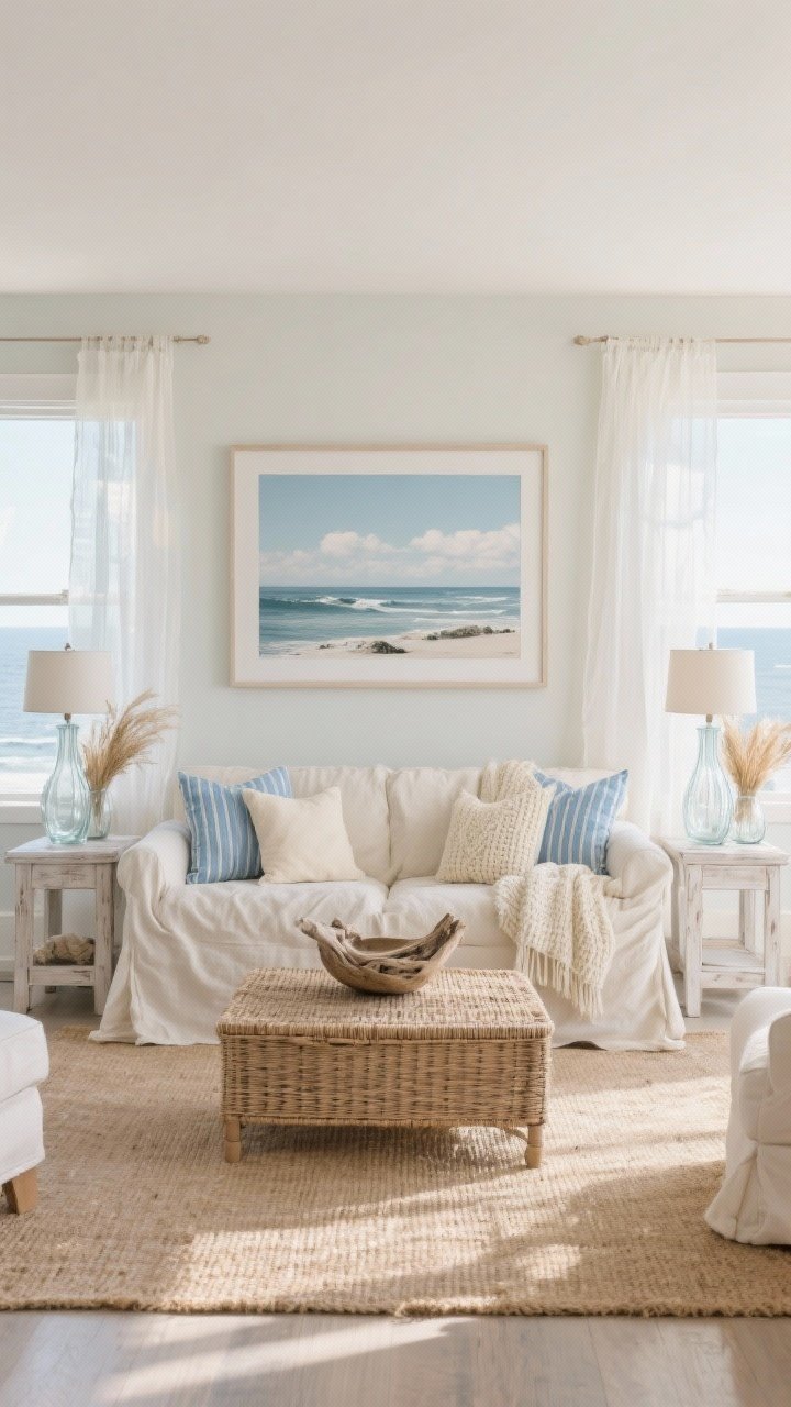 Wide room shot, Coastal Cloud style: a warm ivory linen slipcovered sofa with a comfortably rumpled look, flanked by whitewashed oak end tables and a woven rattan coffee table centered on a sand-colored jute rug; pale sky-blue and striped blue-and-ivory pillows, creamy knit throws; clear glass table lamps on end tables, glass vases with dried sea grass on the coffee table, a driftwood bowl; a huge framed coastal photograph over the sofa; sheer white curtains that lightly puddle, soft natural daylight, airy, breezy coastal mood, no people, photorealistic.