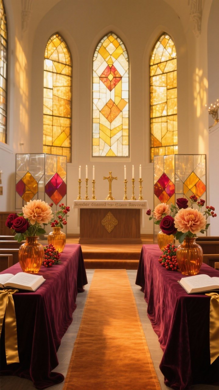 Wide room shot emphasizing light, “Amber Stained-Glass Revival”: sanctuary bathed in golden glow from windows treated with amber, saffron, and cranberry translucent overlays/gel filters; altar features a symmetrical set of vintage brass candlesticks and amber glass vases filled with dahlias, roses, and hypericum berries; deep maroon velvet table runner adding rich texture; modular acrylic back panels with geometric stained-glass decals in jewel tones; aisle defined by narrow amber-hued rugs leading to the chancel; hymnals accented with satin ribbon bookmarks in gold and garnet; luminous, celebratory atmosphere, photorealistic, slightly elevated straight-on perspective to capture the light play