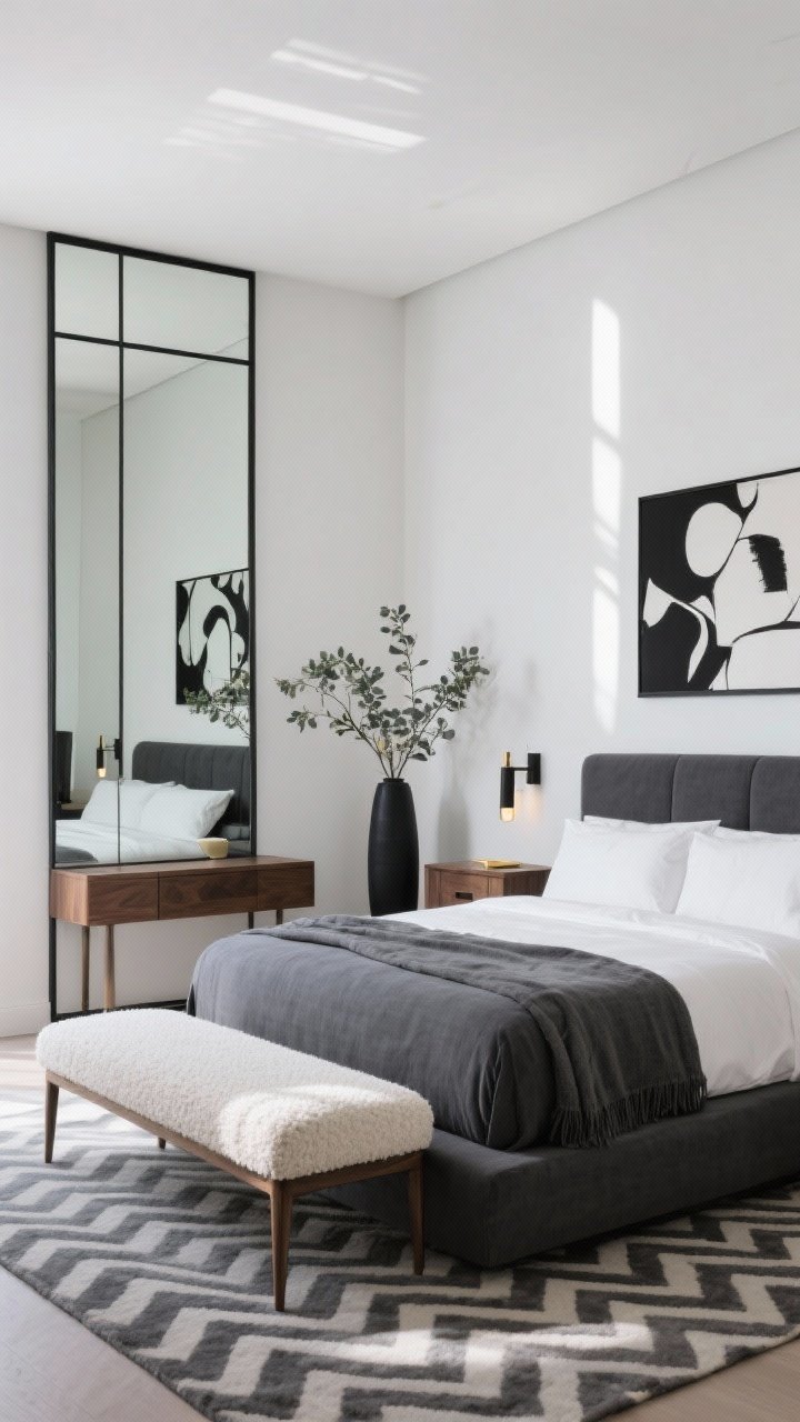 Wide room shot, sleek hotel-chic bedroom: a floor-to-ceiling mirror with a slim black metal frame nearly the full wall height, reflecting a low-profile charcoal linen platform bed with crisp white sheets and a smoky gray throw; floating walnut nightstands with narrow matte-black sconces; bench in ivory bouclé at the foot; black-and-white abstract art and a single tall vase with eucalyptus; a plush subtle chevron rug underfoot; restrained palette of charcoal, white, soft graphite with hints of brushed brass; bright natural daylight bouncing in, polished minimalist mood, clean architectural lines, photorealistic.