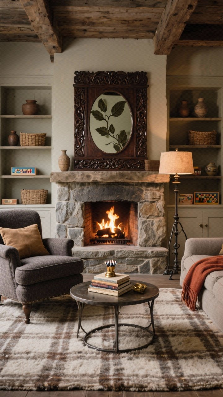 Wide, rustic-refined fireplace lounge: stone fireplace as focal point with a dark walnut carved mirror featuring leaf-and-vine detailing over the mantel reflecting flame flicker; deep club chairs in tweedy charcoal flanking the hearth, each with a soft throw in camel or rust; round hammered-metal side table holding a stack of novels and an antique brass match striker; thick wool rug in subtle plaid or herringbone; built-in shelves styled with baskets, pottery, and a few board games; iron floor lamp with a parchment shade providing evening glow; intimate, layered warmth; photorealistic, firelit ambiance.