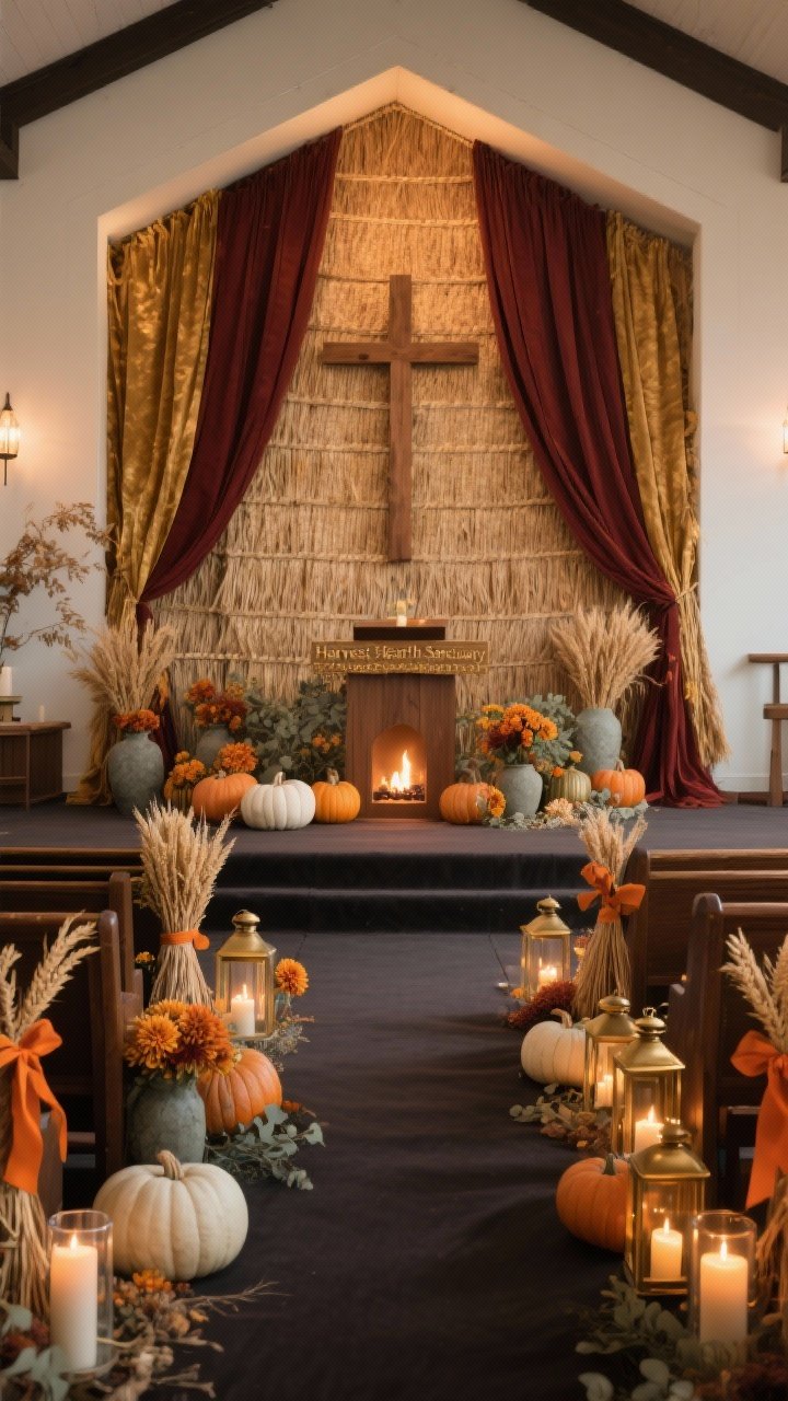 Wide sanctuary shot, “Harvest Hearth Sanctuary” theme: a chapel altar framed by wheat-gold and deep russet draped fabrics, grounded by a warm charcoal runner; behind the pulpit, layered woven seagrass panels with a simple wooden cross in front; floor-level low clusters of neutral pumpkins in ivory and pale sage, bundled wheat sheaves, and brass lanterns emitting a hearth-like glow; aisle ends feature burnt orange ribbons tied with wheat sprigs; frosted cylinders with battery pillar candles add soft, safe light; matte stone vases with mums, marigolds, and eucalyptus; abundant yet reverent mood, warm layered textures, cozy autumn palette, photorealistic, straight-on view with gentle evening sanctuary lighting