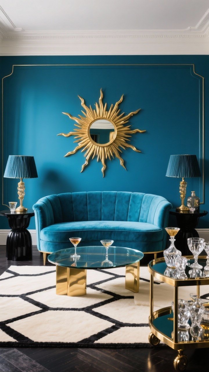 Wide shot, Art Deco glam: a sunburst mirror with radiant brass rays centered on a bold peacock blue accent wall; curved velvet sofa in peacock blue, smoked glass coffee table on a cream and black geometric rug; matte black side tables, pleated lampshades, and a gleaming bar cart loaded with cut crystal catching reflections for nighttime sparkle; palette of peacock blue, brass, black, cream; cocktail-hour chic ambiance, photorealistic, straight-on view.