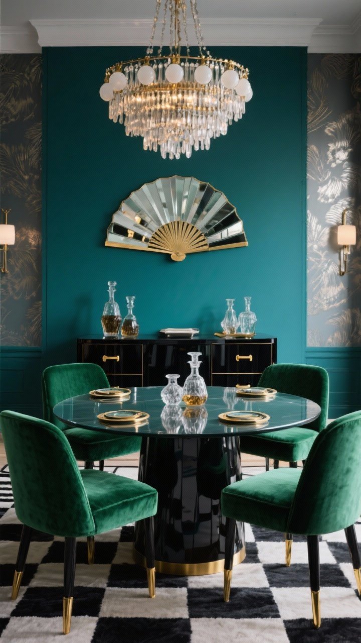 Wide shot, Bold Art Deco Glamour dining room: a fan-top beveled mirror with stepped edges centered above a lacquered black buffet with brass pulls; a round smoked-glass dining table surrounded by emerald velvet chairs with gold-capped legs; cascading opal-globe chandelier sparkling overhead; walls in deep teal paint or subtle metallic wallpaper; graphic black-and-white rug on the floor; mirrored coasters and crystal decanters styled on the buffet; palette emerald, black, brass, smoke gray; evening ambient glow with highlights on reflective surfaces; straight-on, dramatic composition.