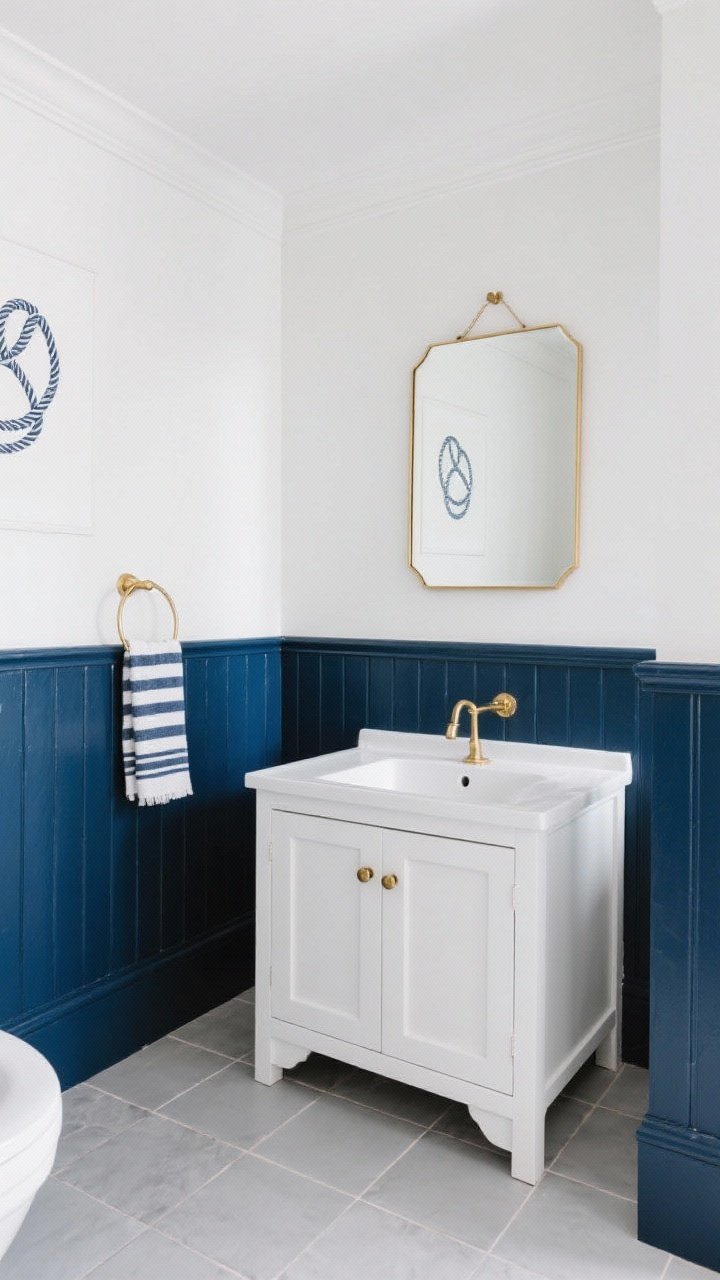Wide shot, classic wainscoting effect: lower walls/wainscoting in crisp navy, upper walls bright white, slightly glossier trim sheen, white shaker vanity with brass pulls, thin brass or polished nickel framed mirror, navy-striped hand towel, simple nautical knot print, light gray porcelain floor bridging navy and white; clean, bright lighting; photorealistic, straight-on symmetrical view.