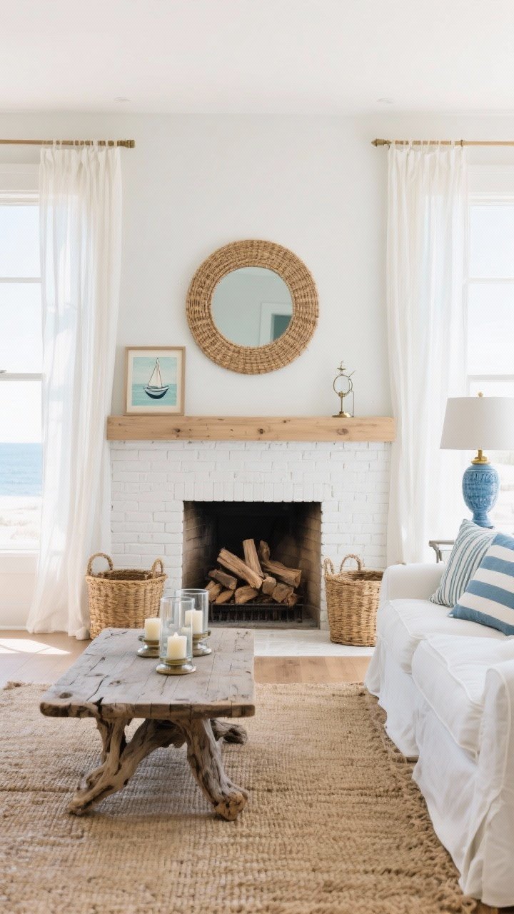 Wide shot, coastal calm living room centered on a white brick fireplace with a pale oak, sun-kissed mantel; airy linen curtains framing tall windows; palette of soft whites, sea-glass blues, and sandy beiges. Above the mantel, a round rattan mirror; seagrass baskets filled with logs on the hearth; chunky jute rug underfoot. An ivory slipcovered low sofa with striped coastal pillows faces a naturally weathered driftwood coffee table. Nautical artwork, glass hurricane candles, and a blue ceramic table lamp add accents. Metal tones in brushed nickel/aged brass. Bright natural daylight, breezy, fresh, beach-house serenity, photorealistic, straight-on angle.