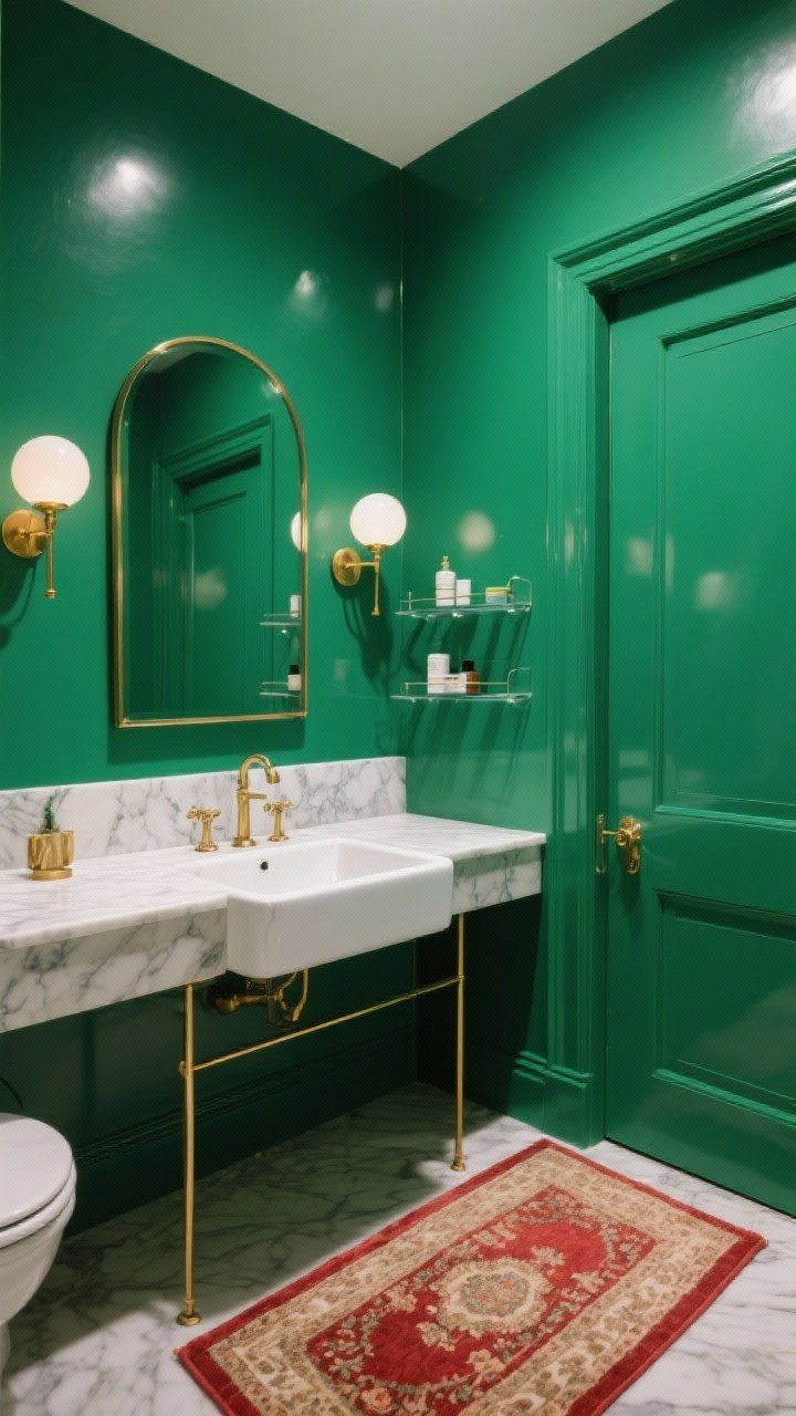 Wide shot, emerald jewel box bathroom: walls and door painted rich emerald green eggshell/satin, marble-look countertop with glossy white sink, slender brass-framed mirror, twin globe sconces or delicate picture light in warm brass, small vintage-style runner rug with reds and creams, glass shelves displaying essentials while keeping wall color visible; balanced lighting with reflective highlights; photorealistic, straight-on view.