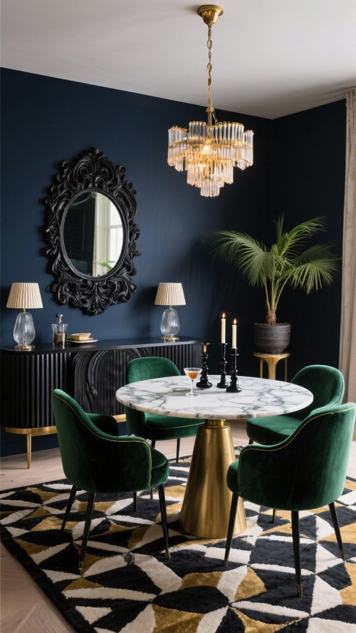 Wide shot from a dining room corner: Moody Art Deco dining lounge with inky blue-black walls, the Black Carved Wood Mirror above a sculptural fluted credenza. A round pedestal dining table with a veined marble top sits center, surrounded by plush emerald velvet dining chairs with curved backs. A brass statement chandelier glows overhead, while two ribbed glass lamps sit on the credenza. A geometric rug in black, cream, and gold anchors the scene. Styling: cocktail set, black taper candles, and an oversized palm in a pedestal planter. Palette: inky blue-black, emerald, brass, cream. Photorealistic, luxe and intimate.