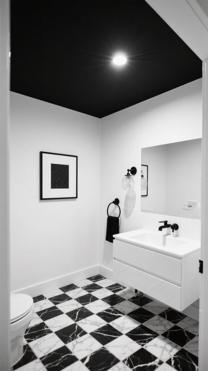 Wide shot, high-contrast graphic bathroom: crisp white walls with a jet-black ceiling, bold black-and-white patterned floor (marble mosaic or geometric encaustic-look), glossy white vanity with integrated sink, black metal sconce with clear glass, single black-framed wall art, matte black towel hook; bright, even lighting to emphasize sharp lines and contrast; photorealistic, overhead corner angle to show ceiling and floor.