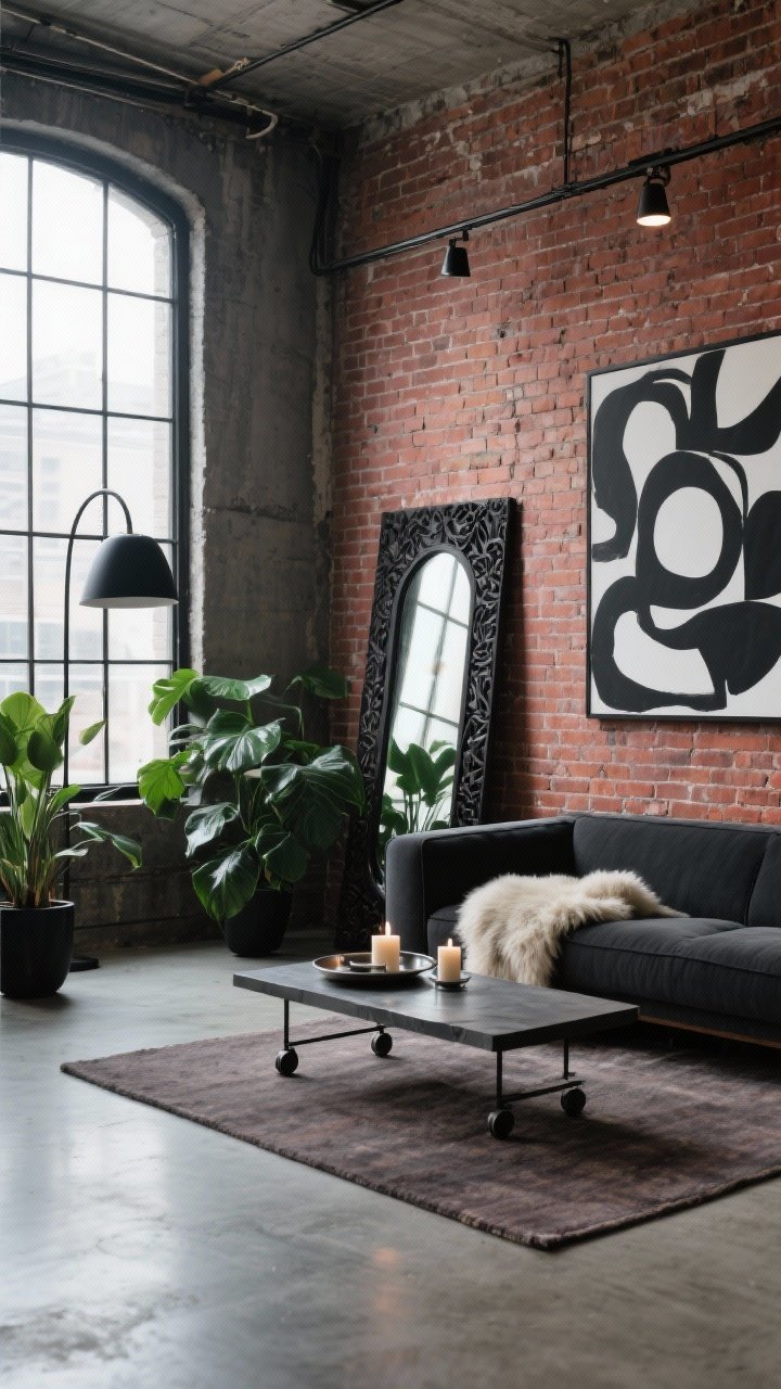 Wide shot, industrial loft corner angle: Exposed brick walls, concrete floors, tall steel windows with daylight streaming in. The Black Carved Wood Mirror leans casually against a brick wall near a charcoal low sectional. A slab coffee table on casters sits on a muted rug, topped with a metal tray and candles. A sheepskin throw softens the sofa; oversized floor plants add deep green. Large-scale black-and-white abstract art rests against the wall. Track lighting and a matte-black arc lamp illuminate the space. Palette: brick red, charcoal, concrete gray, matte black, deep green. Photorealistic, curated edge.