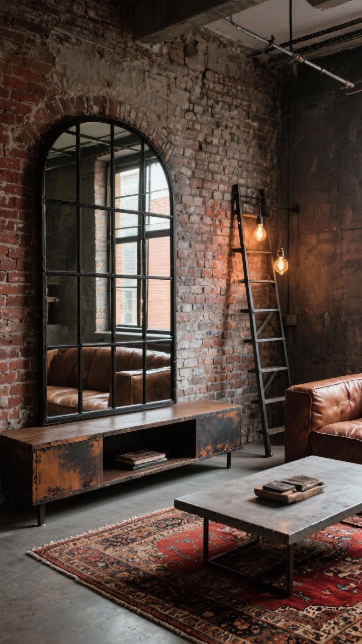 Wide shot, Industrial loft: oversized black metal windowpane mirror mounted over a long, low media console, reflecting warm daylight off exposed brick walls to enhance verticality; distressed tobacco leather sectional, concrete-top coffee table, vintage Persian rug in rust and brick red tones; raw steel ladder shelf, Edison bulb fixtures echoing the grid; palette of tobacco, rust, charcoal, brick red; moody-industrial yet warm, photorealistic, corner angle.