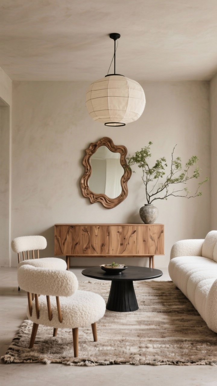 Wide shot, modern organic lounge: A calm living room in warm greige walls with a low, cloud-like bouclé cream sofa and spindle-leg accent chairs facing a slim matte-black metal coffee table on a chunky wool rug. A light-oak carved mirror with hand-chiseled wave details hangs above an oak sideboard; branchy greenery rises in a stone vase beneath the mirror for height. Oversized linen drum pendant casts a diffuse glow; palette of greige, oat, soft white with matte black accents. Photorealistic, straight-on perspective.
