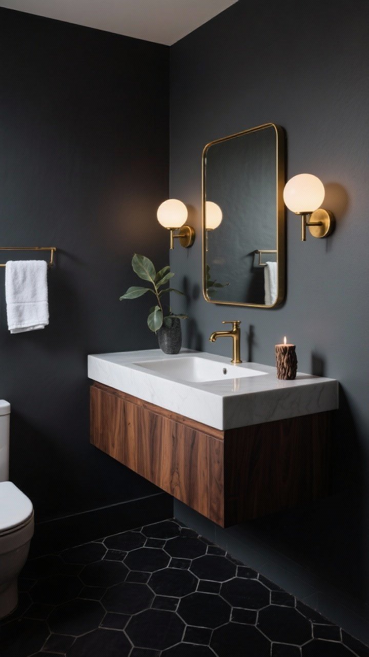 Wide shot, moody boutique-hotel small bathroom: deep charcoal gray satin-finish walls, floating walnut vanity with clean lines, brushed brass faucet, slim brass-framed mirror, twin globe sconces with milky shades casting warm brass glow, crisp white towels popping against dark walls, matte black hex tile floor, single leafy plant and a smoky cedar candle on the vanity; low, dramatic lighting emphasizing soft reflections and luxe contrast; photorealistic, corner angle.