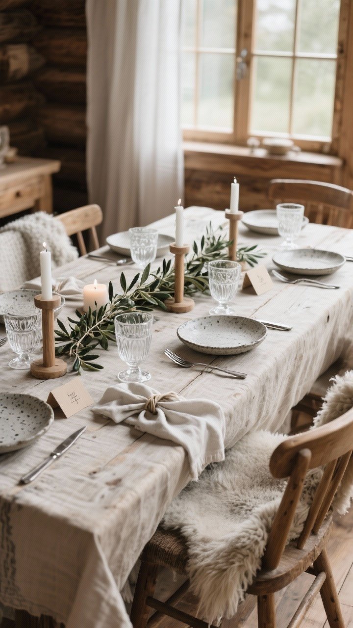 Wide shot, Natural Nordic Hygge scene: raw wood table (or flax-colored cloth) with soft textured linens, speckled stoneware dishes with a handmade feel, brushed silver flatware, clear rippled glassware, knotted napkins, stone or pale wood place card holders, centerpiece is a loose garland of olive branches with white tapers in simple oak holders and low frosted glass votives, creamy whites, soft taupes, warm grays, sheepskin throws draped over chairs, peaceful cabin-like atmosphere with diffuse natural daylight, straight-on view, no people, photorealistic.