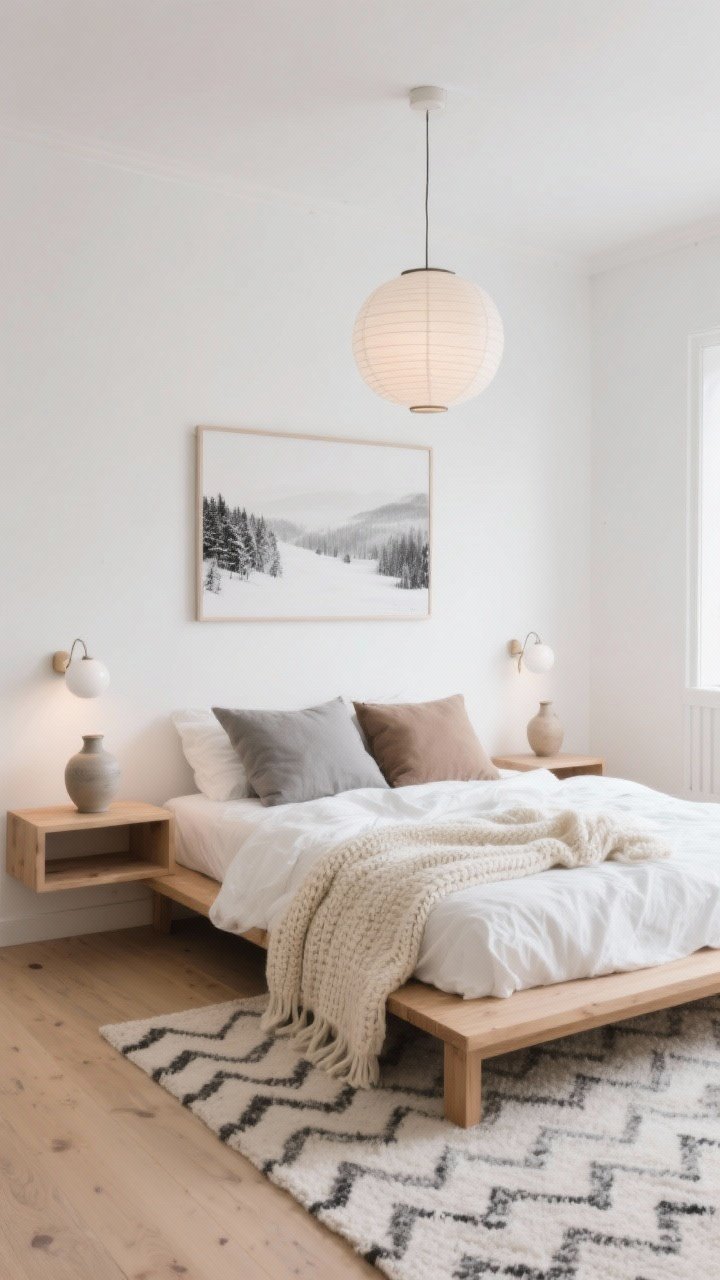 Wide shot, photorealistic: A Scandinavian Snowfall Sanctuary bedroom with soft white walls, warm oat undertones, pale oak floors, and a low-profile natural wood platform bed. Bed layered with a crinkled white duvet, a chunky cream knit throw, and pillows in stone gray and warm taupe; subtle chevron wool rug underfoot. Paper lantern pendant overhead and small globe sconces on dimmers cast soft light. Slim open oak shelf nightstands each hold a single cherished ceramic vase. Minimal accessories, oversized black-and-white landscape art on the wall, clean and calm atmosphere.