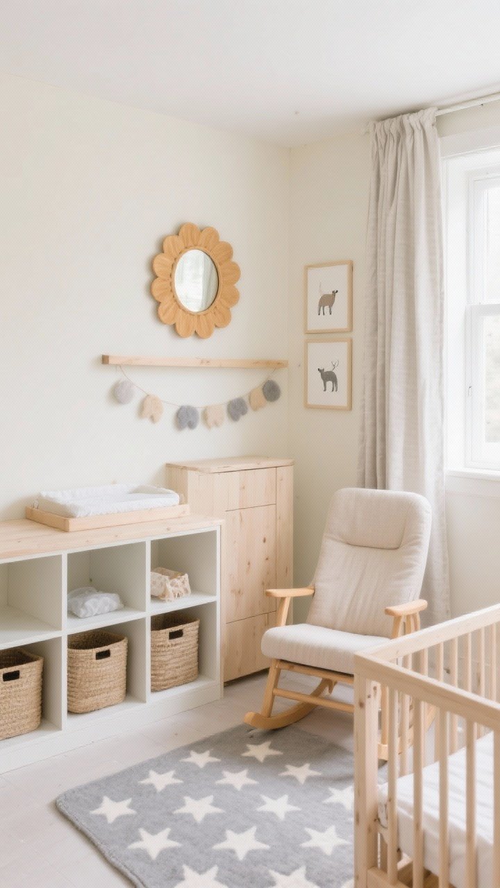 Wide shot, Scandinavian nursery: Buttercream walls with a honey-finish round carved mirror featuring subtle petal details hung at caregiver height above a pale wood changing surface. A Scandinavian pale wood crib, rocking chair in oatmeal fabric, star-patterned rug in muted gray, open cubbies with natural-fiber bins, and a narrow wardrobe. Felt garlands, linen blackout curtains, framed animal sketches. Soft daylight for a gentle, sunny mood; palette of buttercream, honey, cloud gray, soft white. Photorealistic, straight-on perspective.