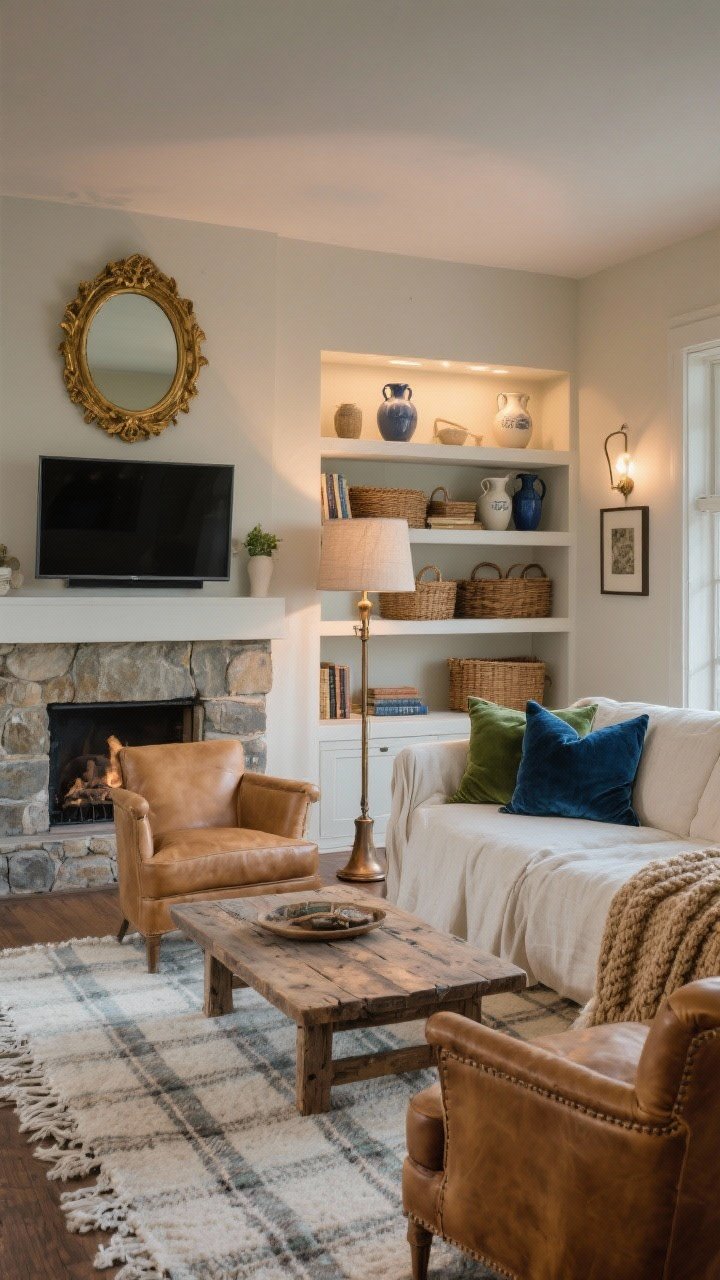 Wide shot, slightly off-center living room: A storybook-meets-modern space with a natural linen slipcovered sofa and two camel leather club chairs. A washed plaid wool rug under a reclaimed pine coffee table. A slim-frame TV mounted above a stone fireplace for minimal visual bulk. Built-in shelves styled with ceramic pitchers, woven baskets, and timeworn books, lit by picture lights; editing keeps surfaces airy. An oversized gilded mirror layered on the mantel. Bronze floor lamp with a linen shade near the sofa. Textiles include velvet pillows in moss and inky blue and a nubby knit throw. Colors: cream, camel, forest green, inky blue accents. Warm, cozy evening lighting.
