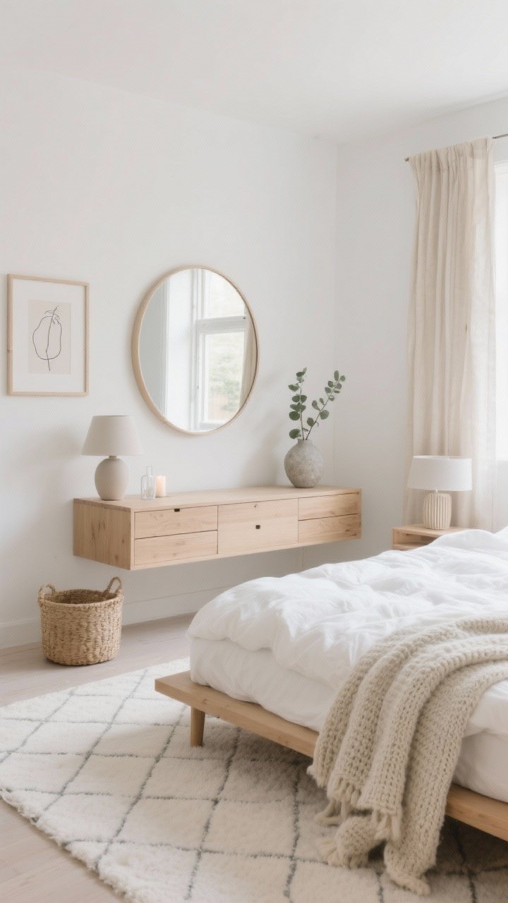 Wide shot, Soft Scandinavian bedroom: airy creamy white room with pale oak platform bed and fluffy cloud-like white duvet; 30-inch round mirror with thin oak frame centered above a low 6-drawer oak dresser, reflecting soft daylight like a second window; linen-beige curtains, off-white rug with a subtle diamond pattern, matte ceramic lamps on floating oak nightstands; chunky knit throw draped at bed foot, single eucalyptus stem in a stone vase; woven basket on floor, ribbed glass candle and framed line art on dresser; color palette cream, oat, pale gray, soft oak; calm, tonal, photorealistic, natural morning light, straight-on perspective.
