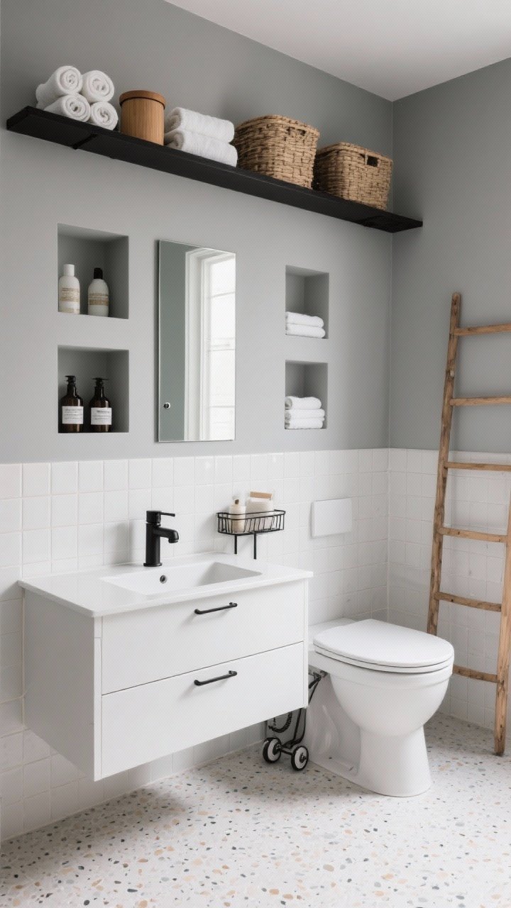 Wide shot, straight-on: A Scandinavian-inspired small bathroom with soft gray walls, pale oak accents, and white tile, featuring a matte white floating vanity with integrated pulls and a slim mirrored medicine cabinet above that reflects light; an entire wall of tiled niches trimmed in matte black—one long horizontal niche above the toilet holding rolled white towels and oak-lidded canisters in baskets, plus two vertical niches flanking the vanity for bottles and folded washcloths; light terrazzo flooring; a matte black faucet and shower fixtures; a slim rolling caddy tucked between the toilet and vanity; a ladder-style towel rail leaning against the wall for extra hanging space; soft, spa-like natural lighting for a calm, organized mood.