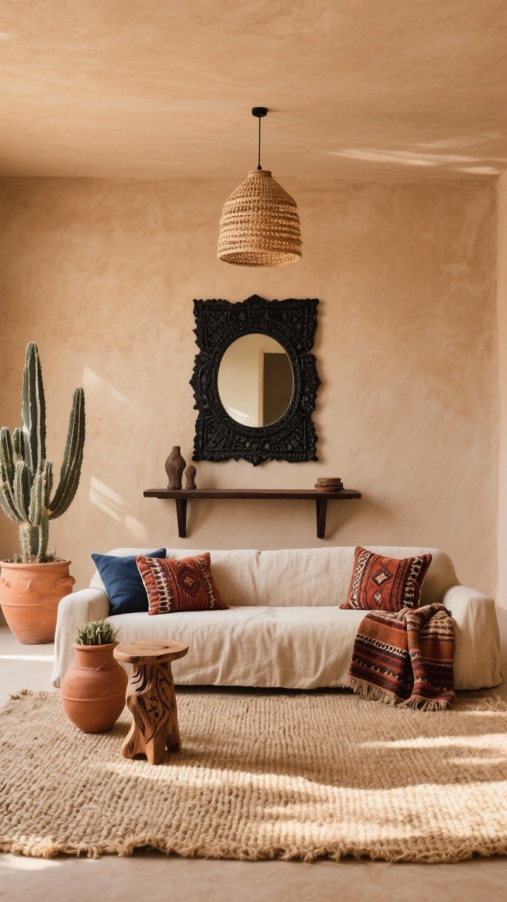 Wide shot, straight-on view: A Desert Nomad Living Room with sun-washed clay beige walls and a low slouchy oat-colored linen sofa. A Black Bohemian Mirror hangs above a slim dark wood console, bold against the earthy palette. Layered textures include a chunky-weave jute rug, terracotta pots with sculptural cacti, and two kilim pillows in rust and indigo on the sofa. Overhead woven pendant light, carved wood side table, and a mudcloth throw draped over the sofa arm. Color map: sand, oat, rust, with charcoal accents. Photorealistic, warm natural afternoon light.