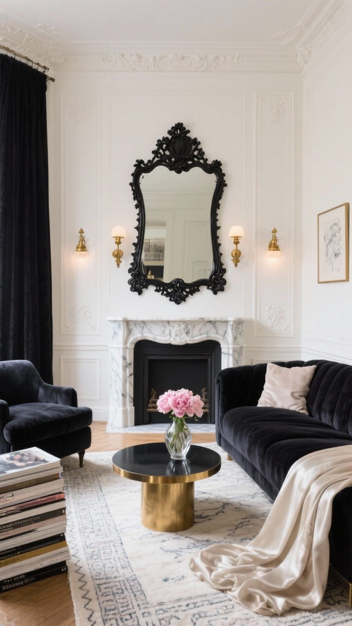 Wide shot, straight-on view: A Parisian noir living room with creamy white walls and delicate wall molding, a deep charcoal velvet sofa, and a white marble fireplace centered beneath a Black Carved Wood Mirror. Two antique brass sconces flank the mirror, casting soft, warm light. A round black-and-brass coffee table sits on an ivory Moroccan rug. Silk drapes puddle at the floor. Styling details include a blown-glass vase with blush peonies, a stack of art books, and a framed sketch. Palette: cream, charcoal, antique brass, hints of blush. Photorealistic, elegant and cozy European apartment feel.