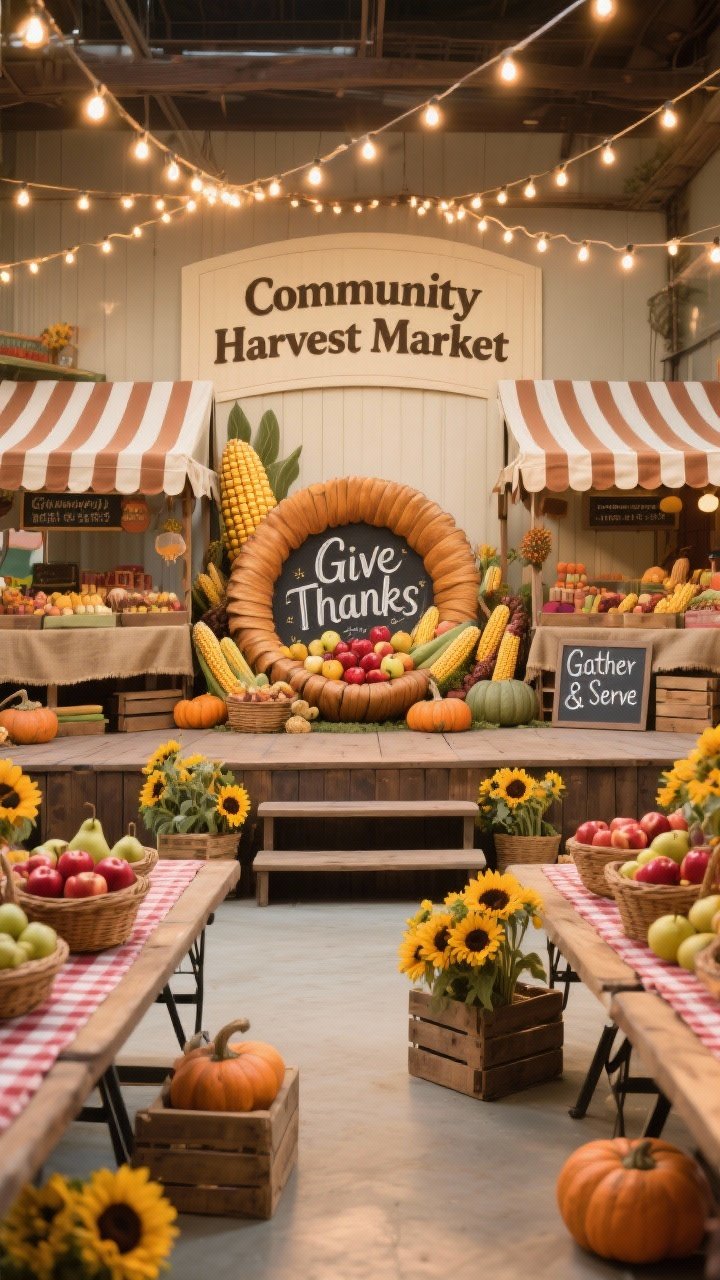 Wide, slightly elevated angle of “Community Harvest Market” stage: striped awnings/canopies in cream and cinnamon forming the backdrop; wooden market stalls and folding tables with burlap skirts overflowing with baskets of faux apples, pears, corn, and gourds; large cornucopia spilling onto the stage steps as the central focal; chalkboard signs with playful hand lettering reading “Give Thanks” and “Gather & Serve”; crates stacked as risers for depth, bunches of sunflowers tucked throughout, gingham runners adding cheer; festoon lights zigzagged overhead with a warm wash across displays; palette of cranberry, mustard, olive, cream, and natural wood; photorealistic, lively, kid-friendly market atmosphere.